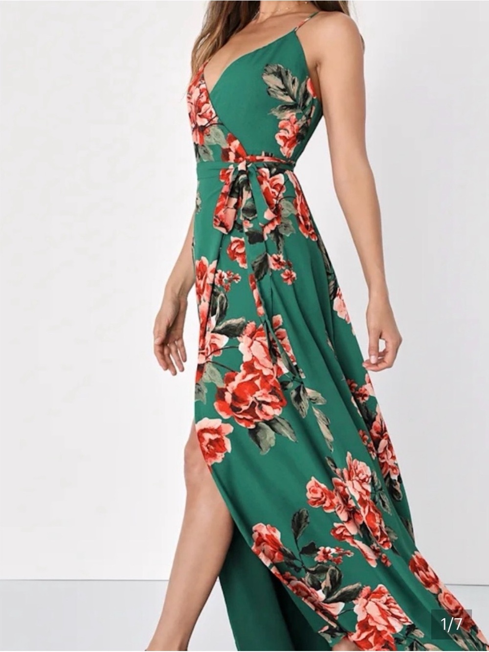 NWT Lulus Floral Flirtation Dark Green Floral Print Wrap Maxi Dress size Small
